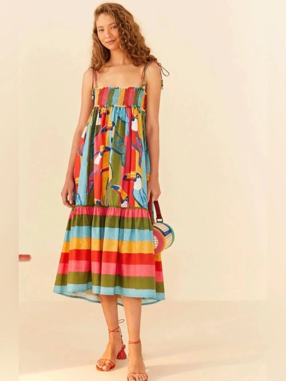 NWT FARM RIO Wonderful Toucans Midi Dress in Multicolor Toucan Print Size XS